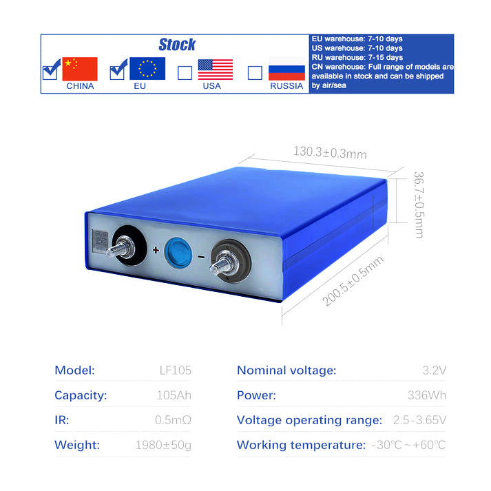 LF105 Grade A Cells LiFePO4 3.2V 105Ah Battery 4-16PCS For EV RV Solar DIY 12V 24V 48V Battery Pack