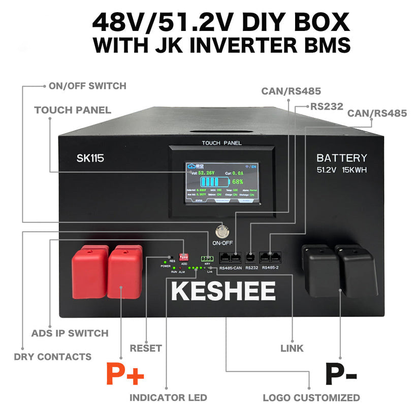 Yfbattery 48V 51.2V LiFePO4 DIY Battery Box 16S 200A  JK Inverter BMS 2A Active Balancer