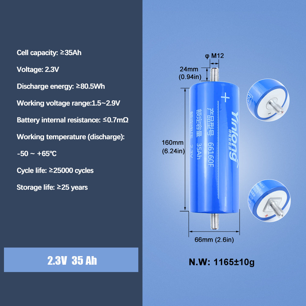 LTO 2.3V 35Ah Battery Cycle life 25000+ Cell For -50 °low temperature discharge DIY Battery Pack 12V 24V 48V